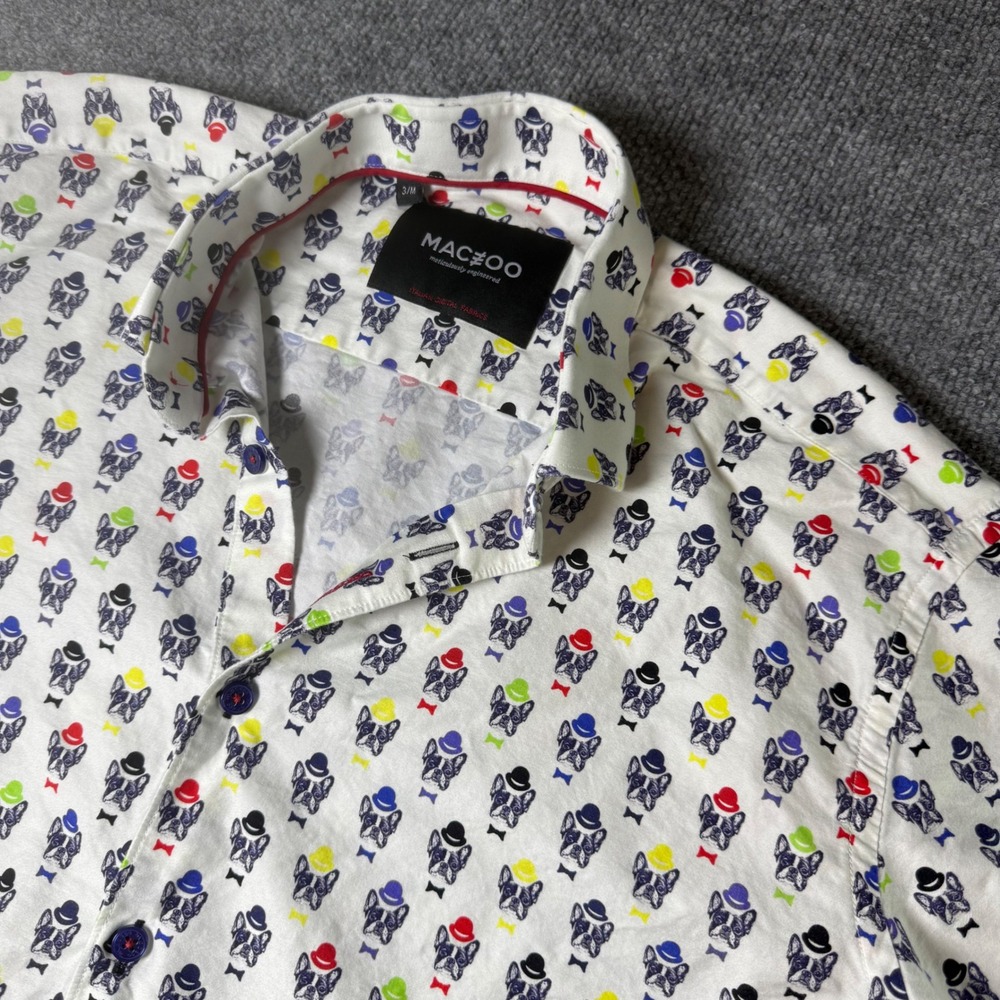 Maceoo Men's White French Bulldog Print Short‎ Sleeve Button Up Shirt 3/M